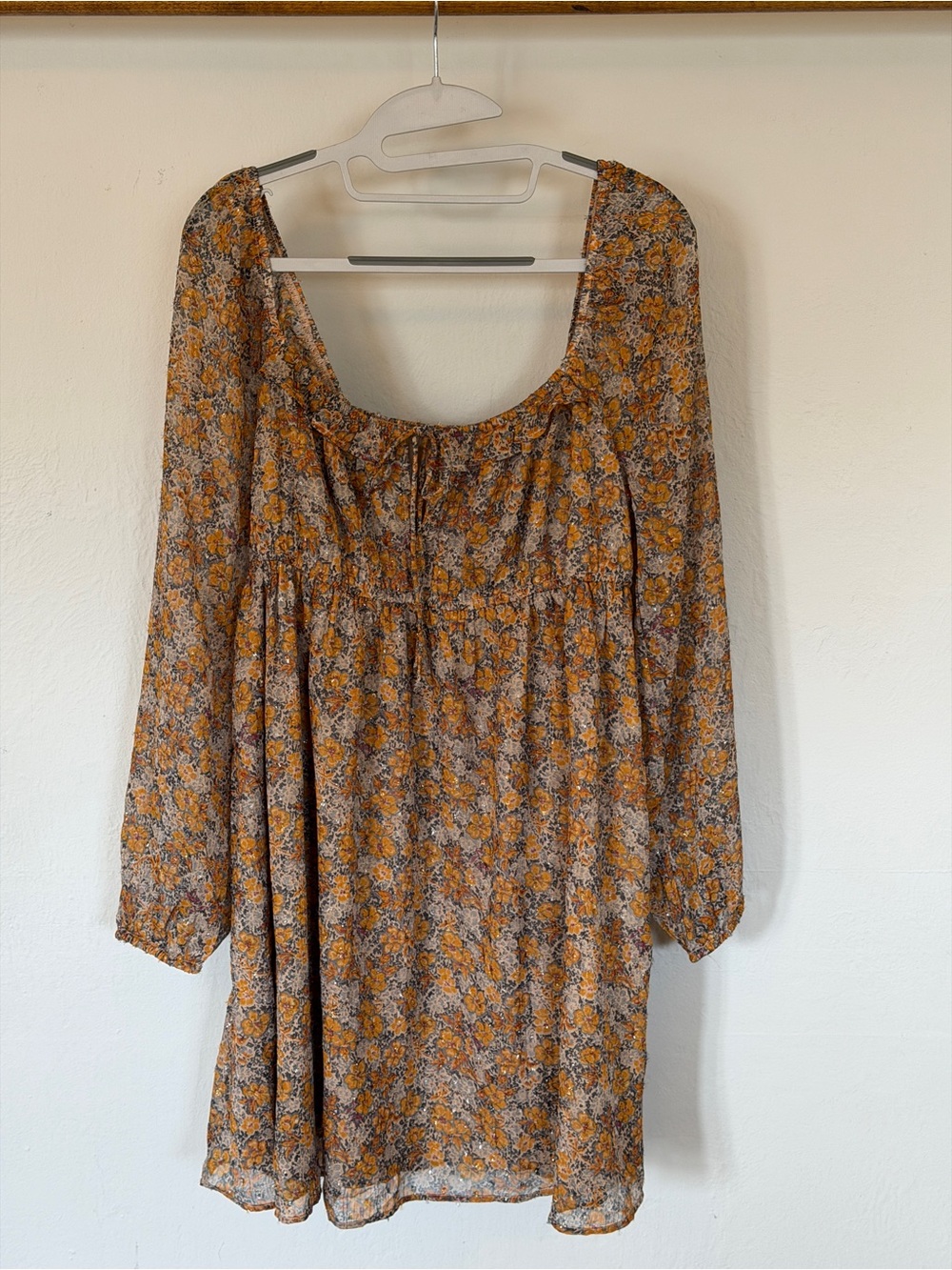 American Eagle Outfitters Floral Long Sleeve Scoop Dress in Mustard and Brown